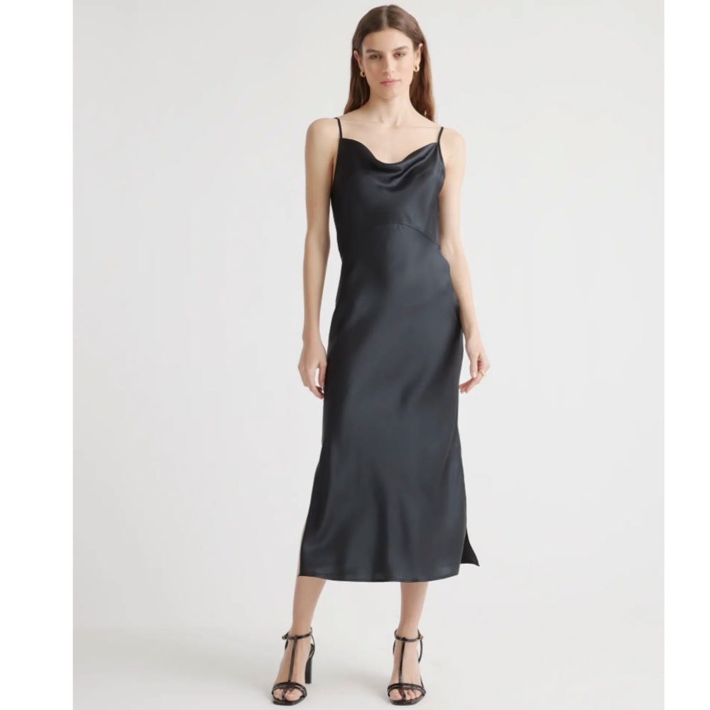 Black satin slip dress with slit